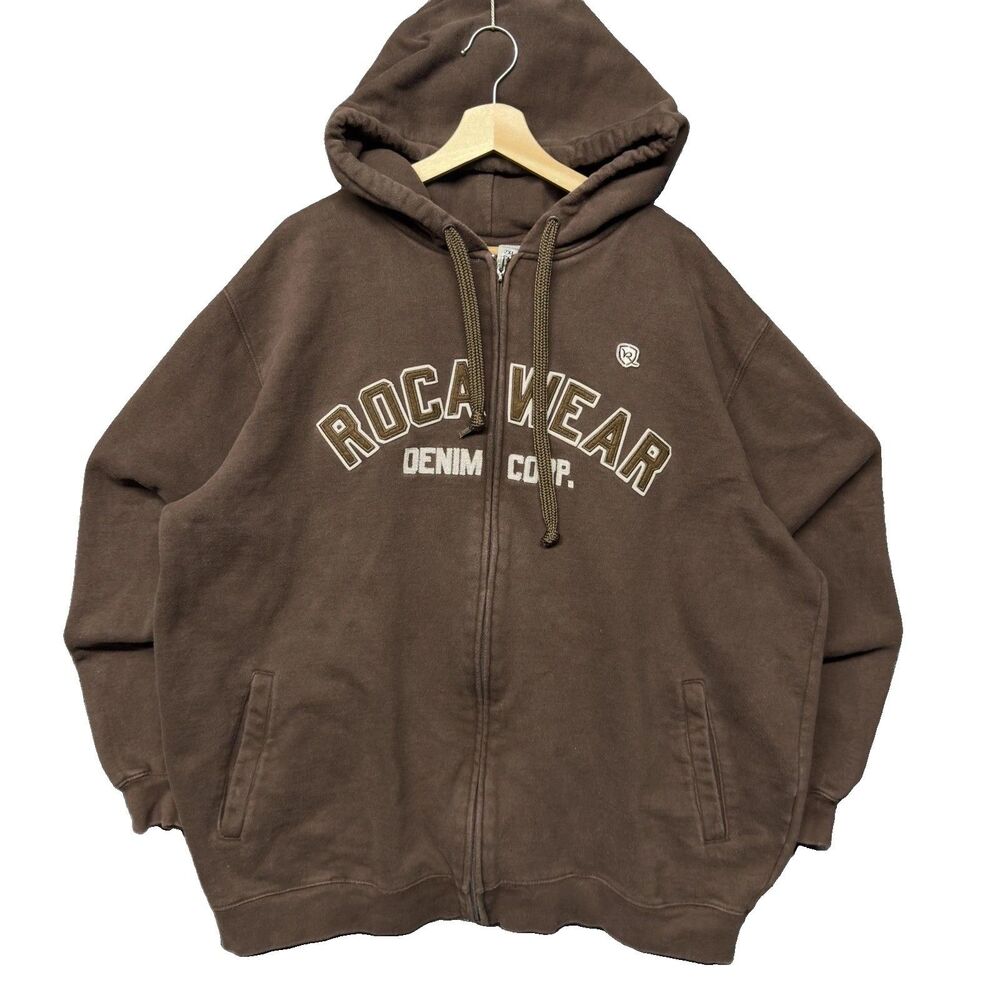 Rocawear Hoodie Mens 2XL Brown Full Zip Fleece Streetwear Graphic Y2K Grunge